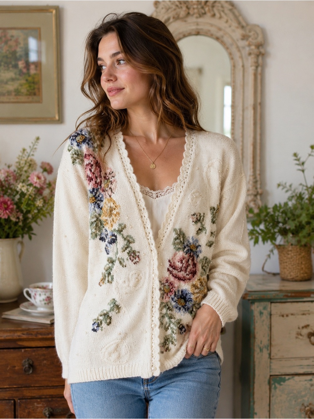 Vintage Marisa Christina Hand Knit Floral Cardigan L Cottagecore English Garden